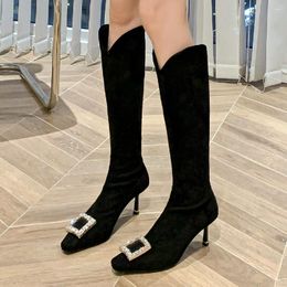 Back High 264 Thin Flock Heel Boots Women's Zip Autumn Knee Square Toe Crystal Buckle Elegant Ladies Black Slim Long Sale 851