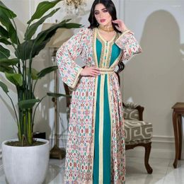 Ethnic Clothing 2023 Elegant 2 Piece Women Abaya Muslim Print Luxury Diamonds Kimono Maxi Dress Set Dubai Arabic Gown Evening Eid Party