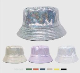 Shinny Party Laser Bucket Hat Stage Wear PU Leather Sparkle Wide Brim Fisherman Hats Christmas Music Festival Holographic Hip Hop Cap Metallic Colors CPA5791