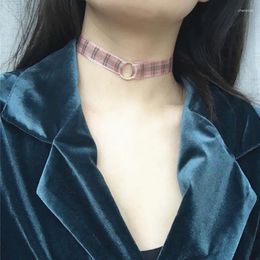 Choker Women Jewellery Pink Lace Grid Stripe Circle Double Layer Necklace Crystal Gauze Pendant Bijoux Gifts