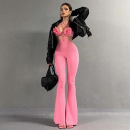 Women's Two Piece Pants BKLD Spring Spaghetti Strap 3D Flower Sexy Lace-Up Bra Slim Fit Overalls Set For Women Night Club Outfit