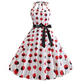 Casual Dresses 2021 Vintage Dress 50s 60s Polka Dot Print Sleeveless Summer Sexy Halter Party Rockabilly Swing Robe Femme Plus Siz217E