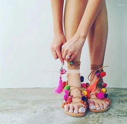 Sandals ALMUDENA Bohemian Style Multi-color Pom Flat Lace-up Fringe Colourful Ball Beach Dress Shoes Flip Flops Tassel Sandal
