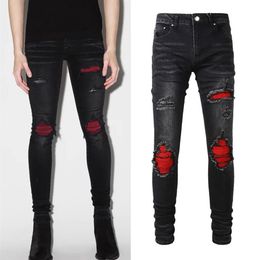 Damage Fade Motocycle Denim Jeans For Mens Popular Leather Panelled Knee Distressed Stretch274T