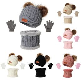 Scarves Beanies Baby Hat Pompom Winter Children Hat Knitted Cute Cap Scarf Gloves Suit For Girl Boy Casual Solid Colour Hat 231012
