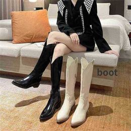 Knee Length Boots Women New Style in Autumn and Winter Thick Heels High Pointed Cavalry Barrel Western Cowboy 220726