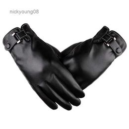 Fingerless Gloves Winter Gloves Men's Touch Screen Leather Gloves Simulation Leather Washed Leather PU Plus Velvet Warmth Riding GlovesL231017