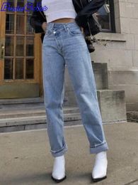 Women's Jeans Denimcolab Fashion Asymmetric High Waist Woman Loose Straight Small Horn Denim Pants Ladies Button Irregular Trousers