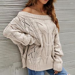 Women's Sweaters 2023 Winter Sexy Pullovers Off Shoulder Sweater Female Casual Solid Khaki Hollow Out Long Sleeve Top Thick Jackets Coats