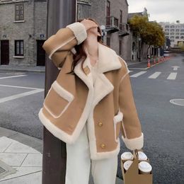 Damenjacken Lammfell Kunstlederjacke Frauen 2023 Herbst Winter verdicken warmen Mantel lässig doppelseitige Taschen Oberbekleidung Kleidung tragen