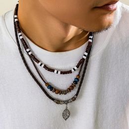 Pendant Necklaces Layered Rope And Wood Beads Chains With Leaf Pendants Necklace Men Trendy Beaded Accessories On Neck 2023 Fashion Jewellery