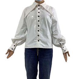 Gloosy Pvc Leather Button Up Puff Sleeve Shirts Turn-down Collar Blouse Tops Office Lady Club Sexy Shirts for Women Jacket 7xlAnime Costumes