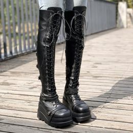 316 Stiefel Knie High Lace Damen UP Chunky Platform Round Toe Wedge Heeled Punk Style Schuhe Foo 75