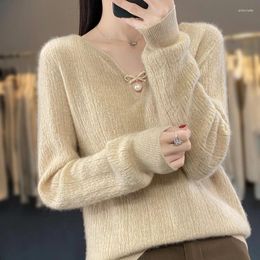 Women's Sweaters Autumn And Winter 100 Pure Cashmere Sweater Women V Collar Pearl Jacquard Loose Pullover Wool Knitted Bottoming Shirt