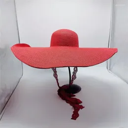 Berets Summer 2023 Red Large Eaves Lace Strap Ladies Beach Hat Sun Shade Straw 23cm Collapsible Oversized