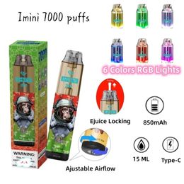 Imini puff 7000 Disposable Vape Pen 7k 8k 9k puff Vaporizer Gorillas 15ml E-Liquid Mesh Coil 6 Glowing Colour Rechargeable Air-adjustable 0% 2% 3% 5% Disposable E cigarette