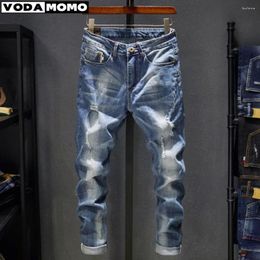 Men's Jeans Ripped Men Slim Fit Light Blue Stretch Fashion Streetwear Frayed Hip Hop Distressed Casual Denim Pants Male Trousers