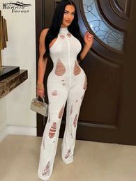 Women's Jumpsuits Rompers Bonnie Forest Elegant White Knitted Distressed Rompers Womens Sleeveless Off Shoulder Cut-Out Sweater Jumpusuits Sexy ClubwearL231017