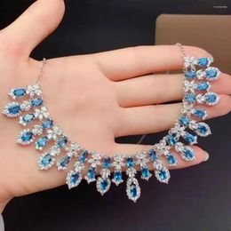 Chains Luxury Big Flower Water Drop Natural Blue Topaz Pendant Necklace S925 Silver Gemstone Girl Gift Fine Jewelery