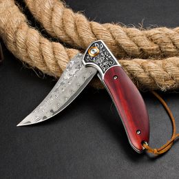 High Quality H1086 Flipper Folding Knife Damascus Steel Trailing Point Blade Rosewood Handle Outdoor EDC Pocket Folder Knives with Leather Sheath