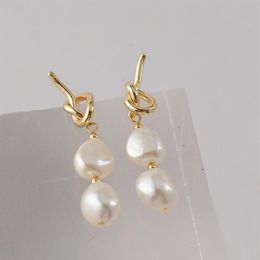 Dangle & Chandelier Peri'sBox 2 Natural Pearls Link Drop Earring Knotted Hollow Baroque Pearl Hanging Earrings Elegant Trendy222G