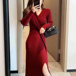 Casual Dresses Elegant Solid Color Slim Tunic Knitted Sweater For Women Spring Autumn Female Ladies Long Sleeves V-neck Dress