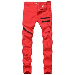 Men's Jeans 2021 Men Stacked Ripped Male Zipper Winter Denim Straight Leg Trousers Slim Fit Boyfriend Streetwear White Red Bl286T