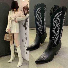 White Denim Boots for Women Shoes Net Red Thin Pointed High-end Knight Thick Heel Women No More Than Knee High 220725