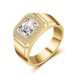 14k Yellow Plated Rectangle Cut Diamond Rings For Men White Gold Full Inlaid AAA Zircon Simulation diamond Ring Fine Jewelry273Z