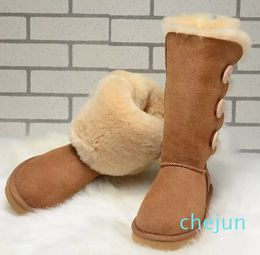 Snow Boots Womens Three Buttons Long Boots Thick Bottom Mini Platform Boot Sheepskin Cowskin Genuine Leather Plush Ankle Booties With Fur