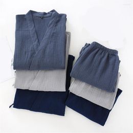 Men's Sleepwear Lace-up Kimono Tops Elastic Waist Pants Suit Cotton Crepe Pyjamas Spring Autumn Thin Home Clothing Boy Gift