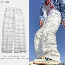 Men's Jeans White Hip Hop Jeans Striped Tassel Frayed Straight Baggy Jeans Pants Harajuku Fe Solid Streetwear Casual Denim TrousersL231017