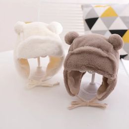 Caps Hats Cute Bear Baby Hat Soft Furry Ear Protection Kids Bonnet Hats with Earflaps Winter Warm Lined Infant Girl Boy Beanies Cap 231017