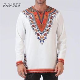 E-BAIHUI 2021 Africa Shirts Men Clothing Spring Social Shirt African Tranditional Print V Neck Casual Shirt Men's Slim Fit Lo270k