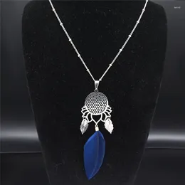 Pendant Necklaces Flower Of Life Stainless Steel Feather Statement Necklace Women Silver Color Leaf Tassel Long Jewelry Joyas N1005S04