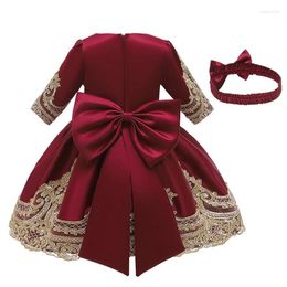 Girl Dresses Big Bow Infant Girls Dress Headband Mid Sleeve Lace Princess Stage Show Gown Kids For Baby Clothes