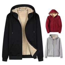 Mens Hoodies Sweatshirts Men Hoodie Coat Solid Color Long Sleeve Hooded Thicken Plush Drawstring Winter Jacket Zipper Fly Women for Daily 231016
