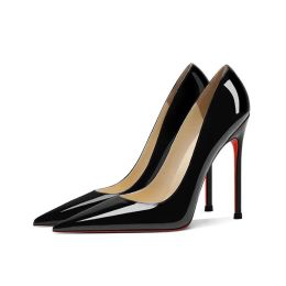 Bombas sapatos femininos vermelho brilhante fundo apontado dedo do pé preto sapatos de salto alto salto fino 8cm 10cm 12cm sapatos de casamento sexy tamanho grande 35-44