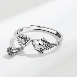 Cluster Rings Sole Memory Vintage Thai Silver Carp Fish Lotus Colour Female Resizable Opening SRI1008