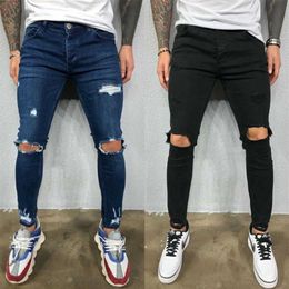 Mens Destroyed Skinny Jeans Cool Designer Stretch Ripped Denim Trousers for Men Casual Slim Fit Hip Hop Pencil Pants with Holes T2300q