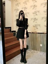 Women's Suits Lnsozkdg Blazer Women Autumn Elegant Pocket Turn Down Collar Puff Sleeve Chains Belt Slim Long Suit Coat Outwear Harajuku