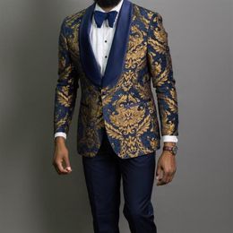 3 Piece Gold Jacquard Prom Men Suits Blue Shawl Lapel Slim Fit Groom Tuxedo Male Fashion Costume Blazer Vest with Pants272d