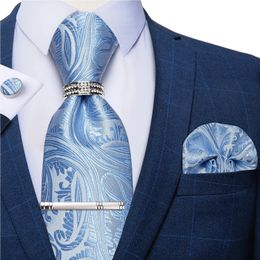 Neck Ties Light Blue Paisley Silk Ties for Men Wedding Party Groom Accessories Necktie Set with Tie Ring Silver Clip Gravata Masculina 231013