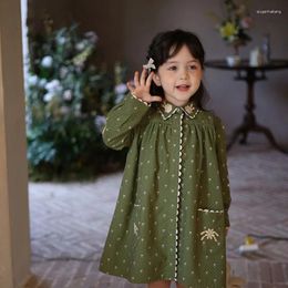 Girl Dresses Cute Girls Dress Retro Green Embroidery 2023 Spring Autumn Long Sleeve Princess Style Causal All-match Korean