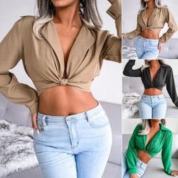 Women's T Shirts Sexy Short Lapel T-Shirt Summer Nightclub Solid Color Shirt S-XL Chiffon Fabric Long Sleeve Slim Top Women Clothing