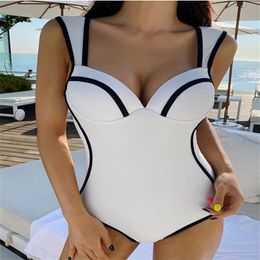 New Sexy Female Swimwear Vintage One Piece Ruffled Push Up black White Swimwear Women Simple Monokini Padded korea Bathing Suits238V