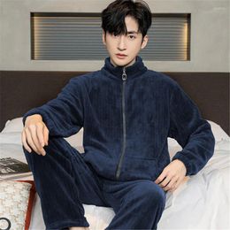 Men's Sleepwear Pajama Sets Winter Warm Homewear Flannel Loose Zip-up Nightwear 2 Pieces Thickened Male Home Clothes Big Size