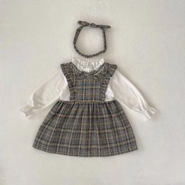 Girl Dresses 2023 Autumn Baby Girls Dress Toddler Bow Retro Plaid Fake Two Long Sleeve Loose 0-3Y Kids Cotton With Headband