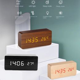 Desk Table Clocks LED Wooden Alarm Clock Digital Bedside Smart Alarm Clocks Electronic Desktop Square Voice Control Table Digital Clock for Room 231017