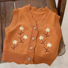 Waistcoat Autumn Kids Vest Sweater Spring Sleeveless V-Neck Embroidery Floral Vest 6M-5Y Baby Knitted Warm Fashion Casual Cardigan Tops 231016